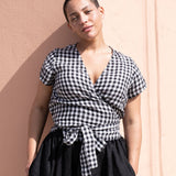 MADRID light weight black gingham cropped linen wrap top