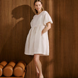 R: Sale - OLIVA puff sleeve midi linen dress (Size: XS; Color: White)