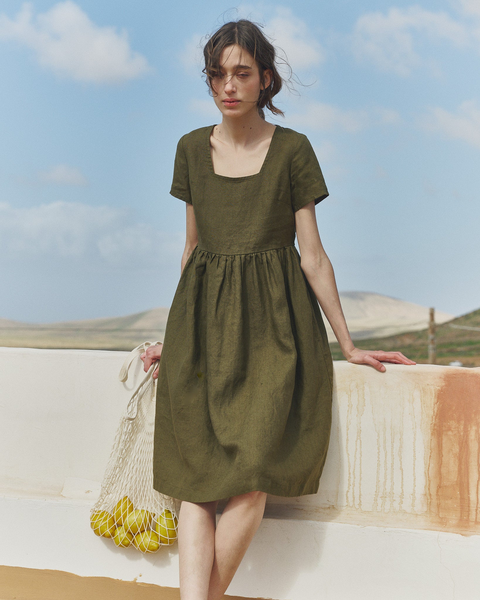 Midi ODESA gathered linen dress Loden Green / S/M Midi ODESA gathered linen dress Loden Green / S/M