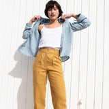 R: DAMME high-waisted pleated front linen pants (Size: XS; Color: Charcoal Blue) - notperfectlinen