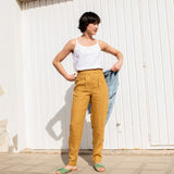R: DAMME high-waisted pleated front linen pants (Size: XS; Color: Charcoal Blue) - notperfectlinen