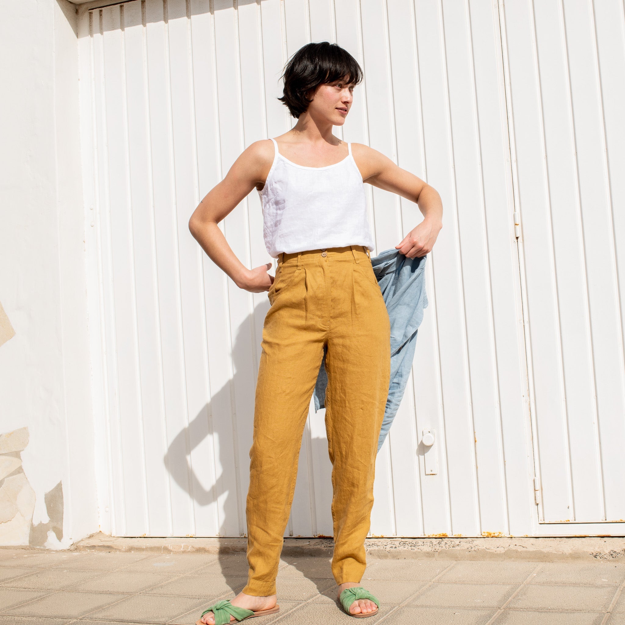 R: DAMME high-waisted pleated front linen pants (Size: XS; Color: Charcoal Blue) - notperfectlinen