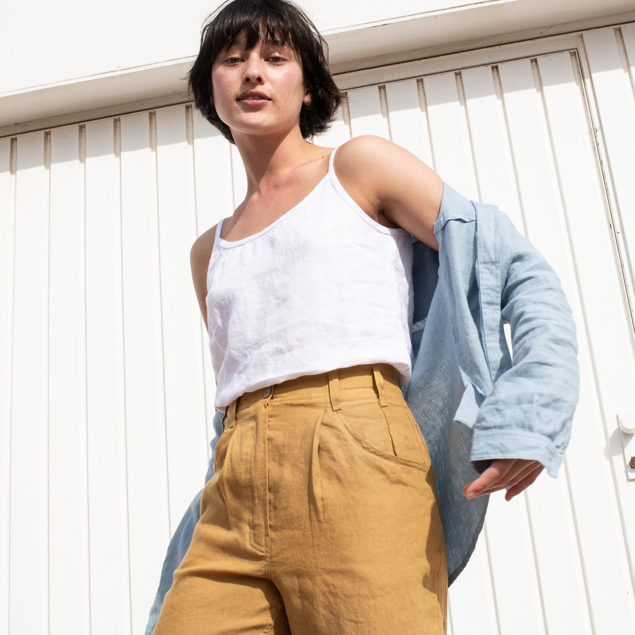 R: DAMME high-waisted pleated front linen pants (Size: XS; Color: Charcoal Blue) - notperfectlinen