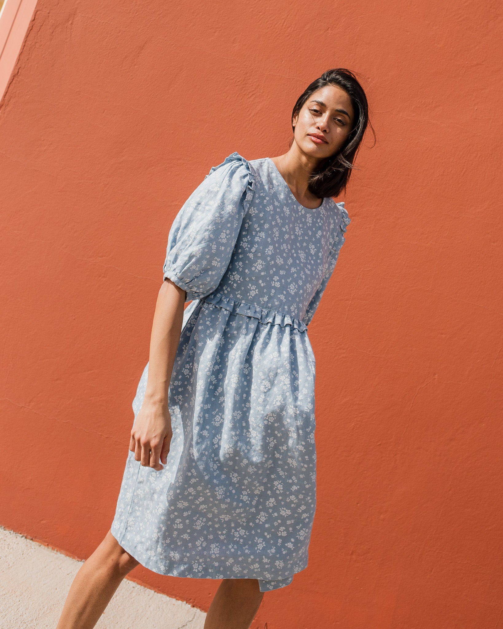 White and Blue Linen Dress with Puff Sleeves LALIBELA