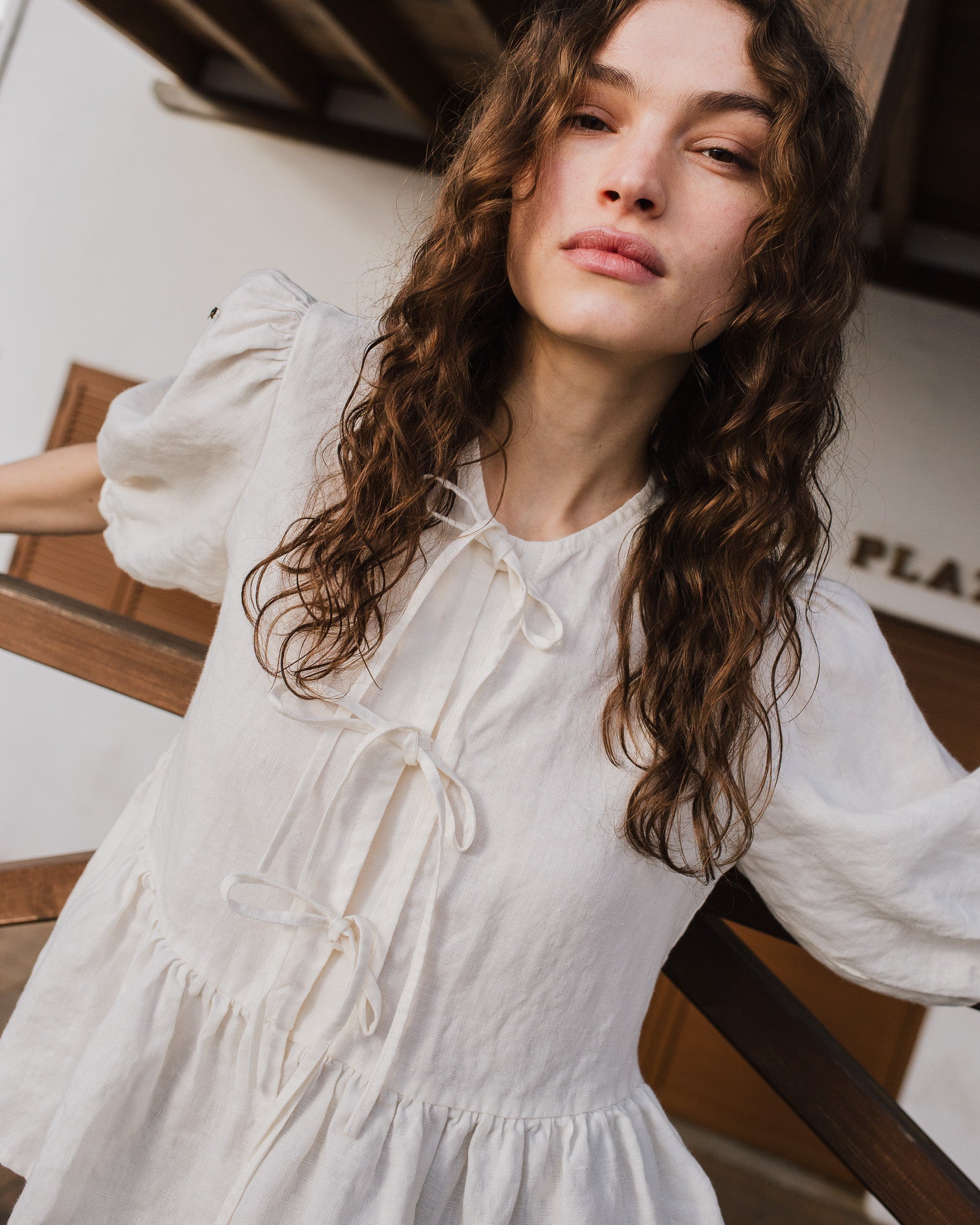 MELINA bow tie linen blouse - notperfectlinen