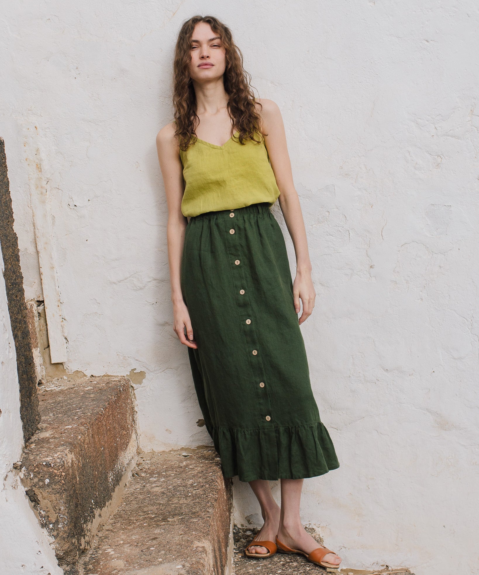 EUREKA ruffled hem buttoned linen skirt - notperfectlinen