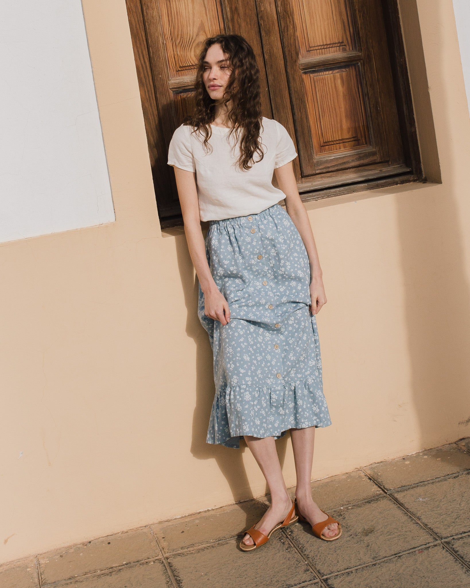 EUREKA ruffled hem buttoned linen skirt - notperfectlinen