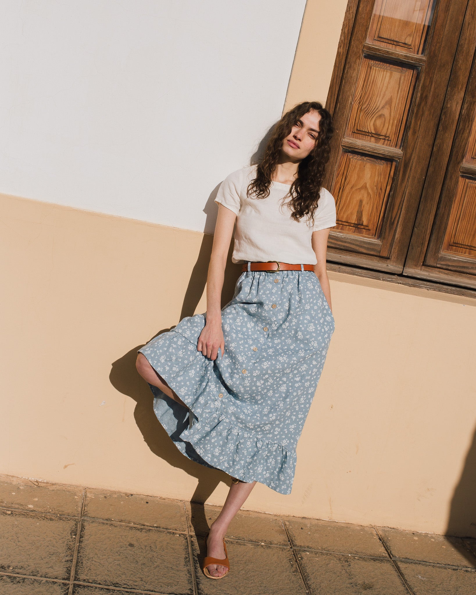 EUREKA ruffled hem buttoned linen skirt - notperfectlinen