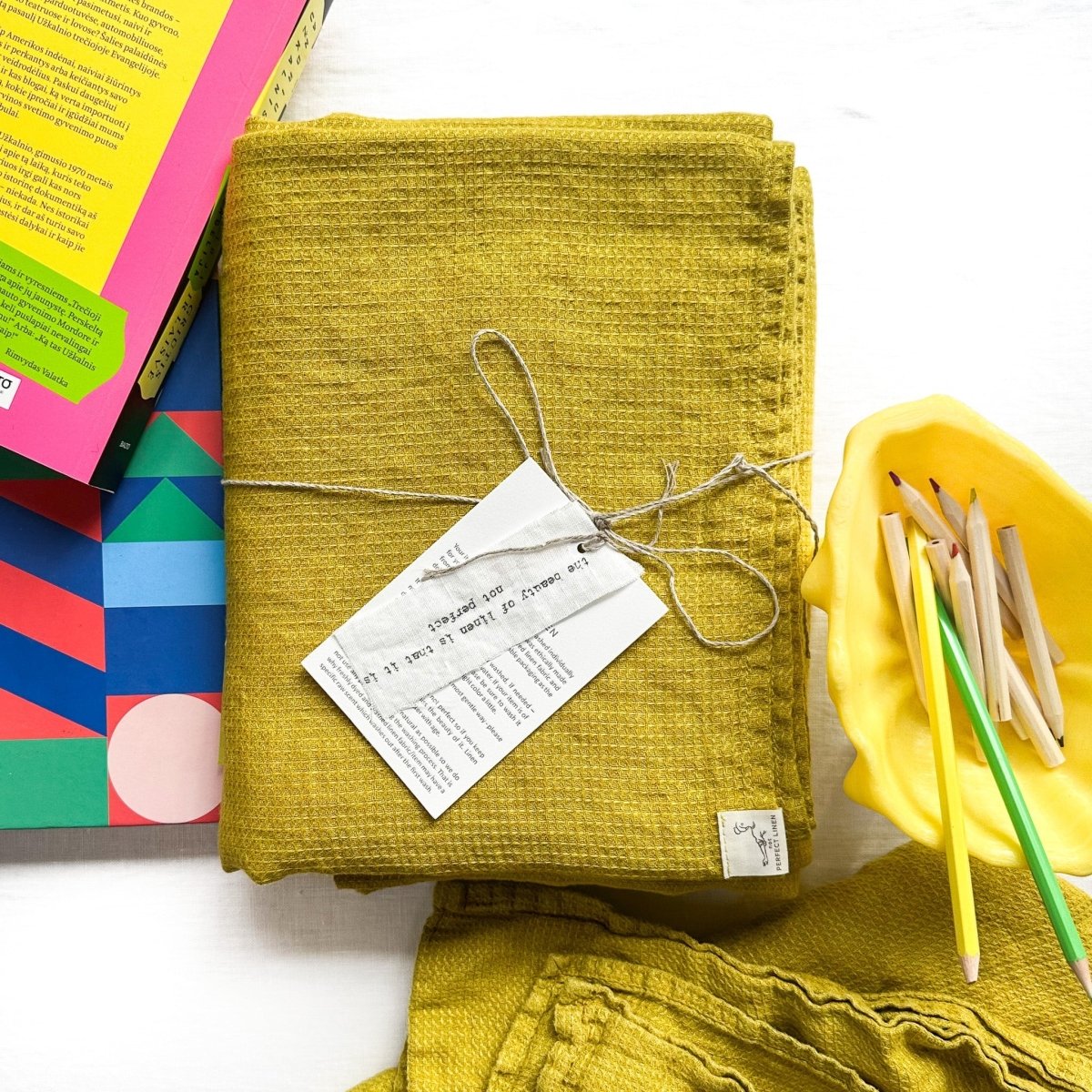 Linen Waffle Bath Towel Gift Sets in Greenish Mustard - notPERFECTLINEN