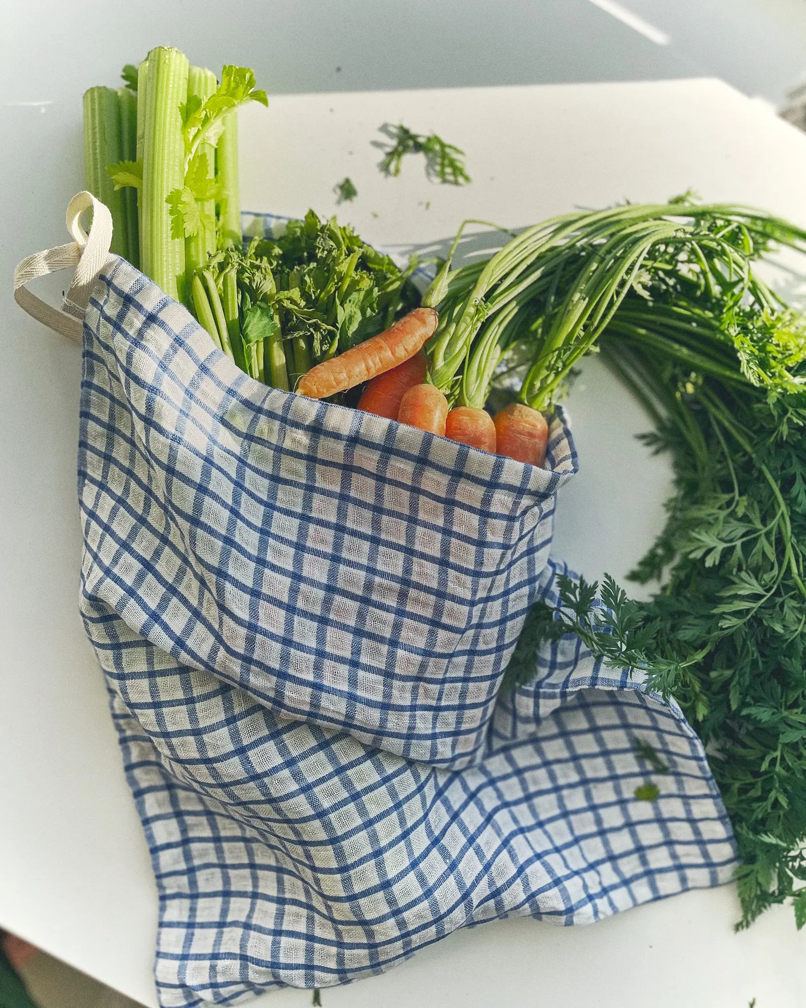 Blue and white checkered cloth bag filled with fresh vegetables on a white surface.