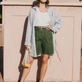 R: MORCOTE high-waisted linen SHORTS (Size: S; Color: Lime/White Gingham)