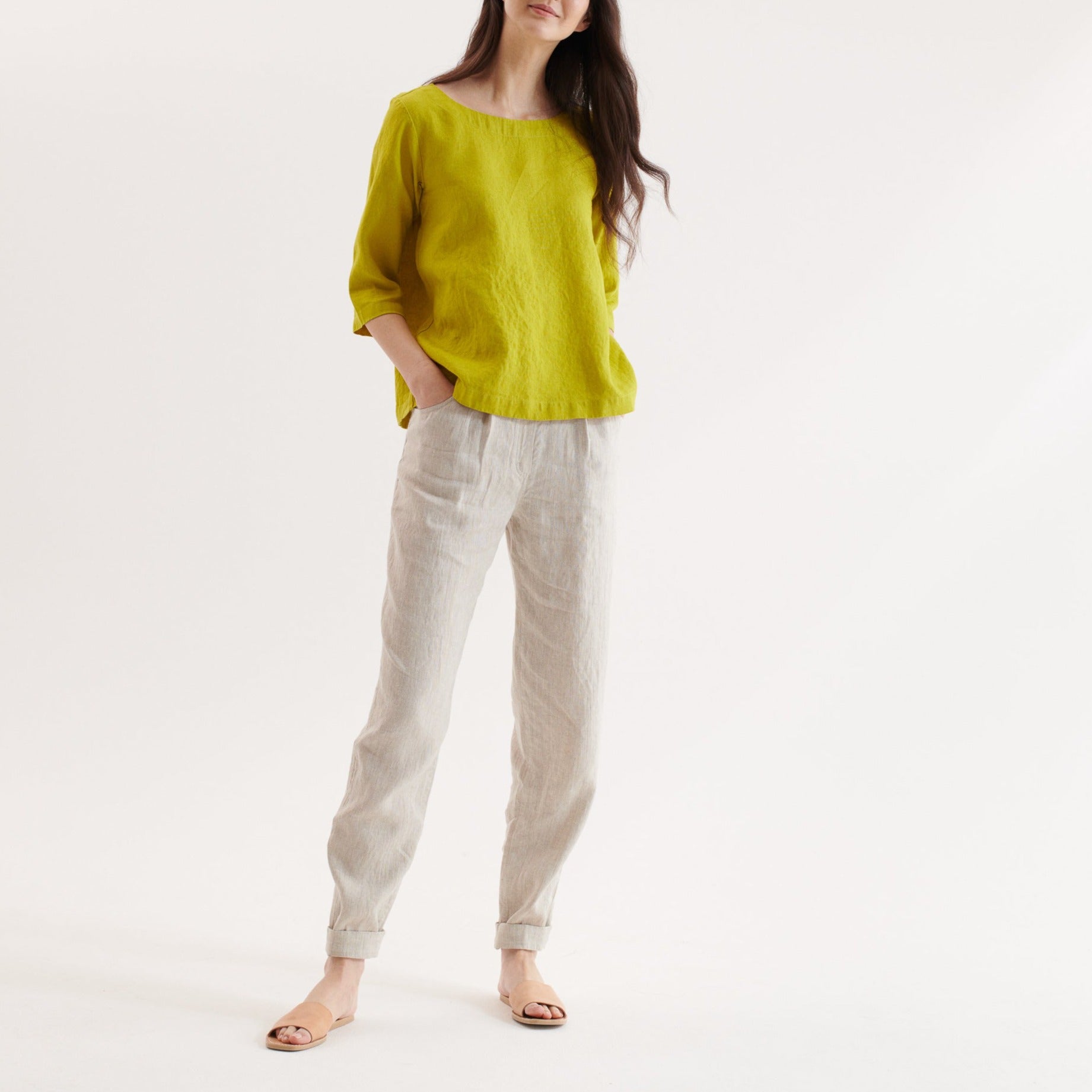 R: DAMME high-waisted pleated front linen pants (Size: XS; Color: Charcoal Blue) - notperfectlinen