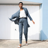 R: DAMME high-waisted pleated front linen pants (Size: XS; Color: Charcoal Blue) - notperfectlinen