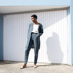 R: DAMME high-waisted pleated front linen pants (Size: XS; Color: Charcoal Blue) - notperfectlinen
