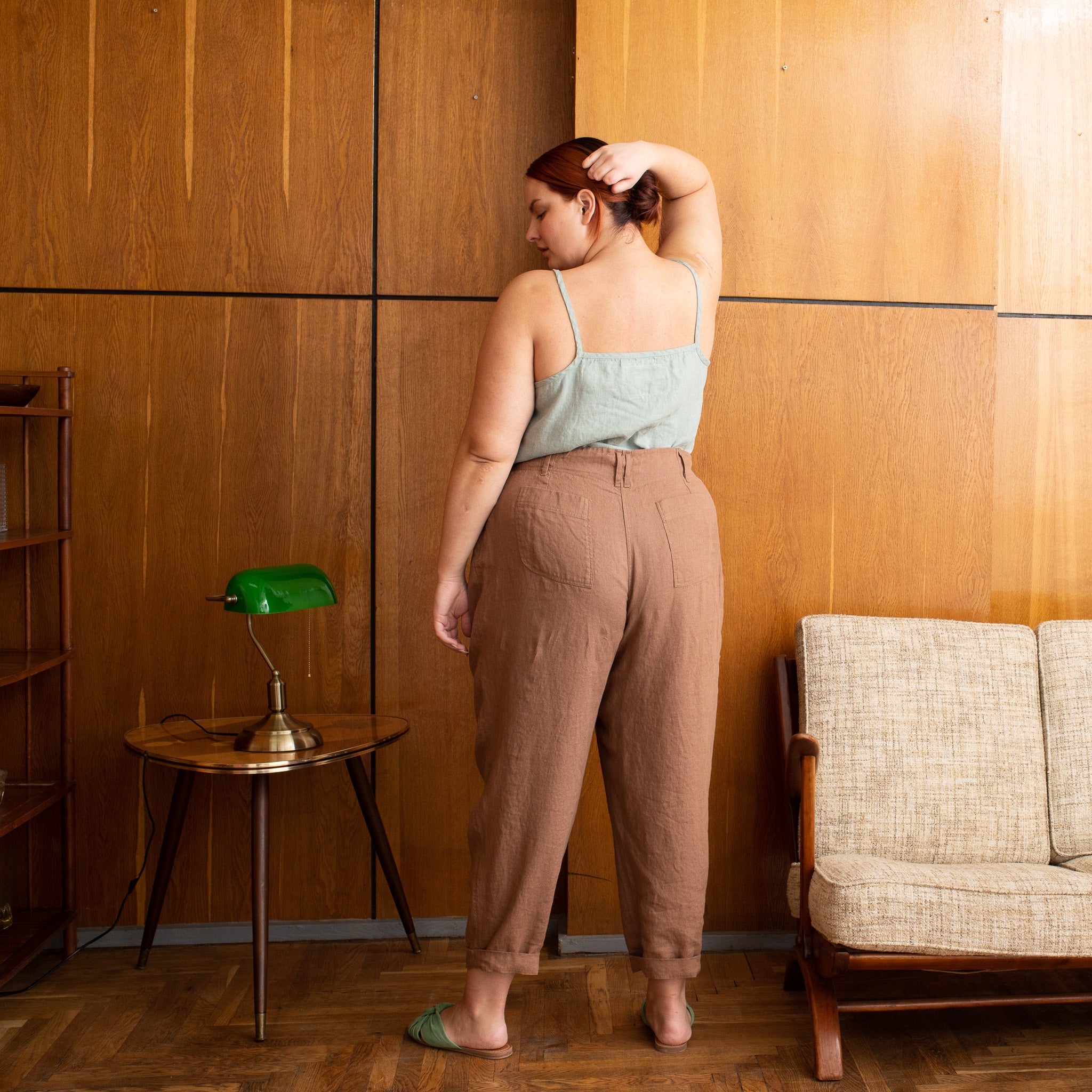 R: DAMME high-waisted pleated front linen pants (Size: XS; Color: Charcoal Blue) - notperfectlinen