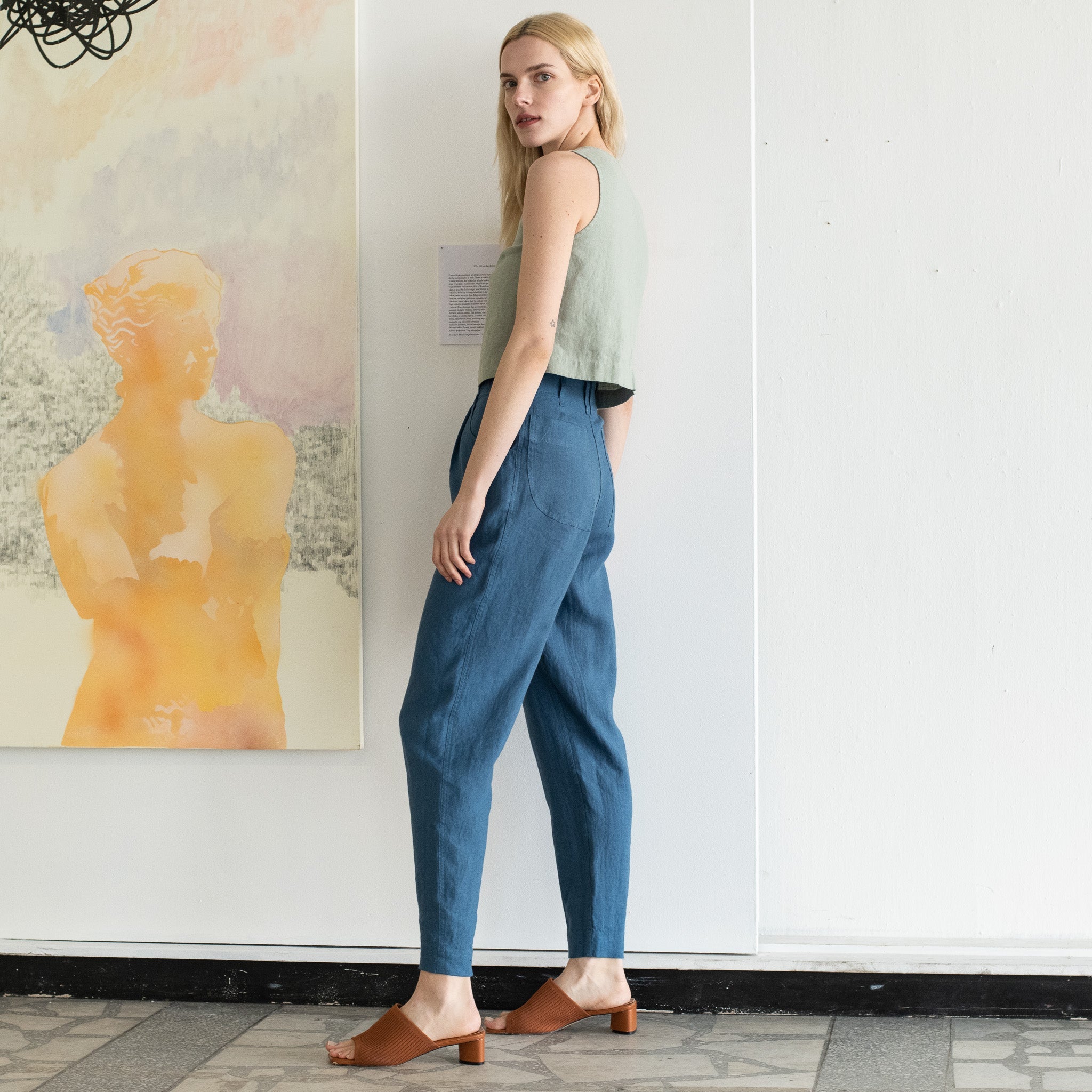 R: DAMME high-waisted pleated front linen pants (Size: XS; Color: Charcoal Blue) - notperfectlinen