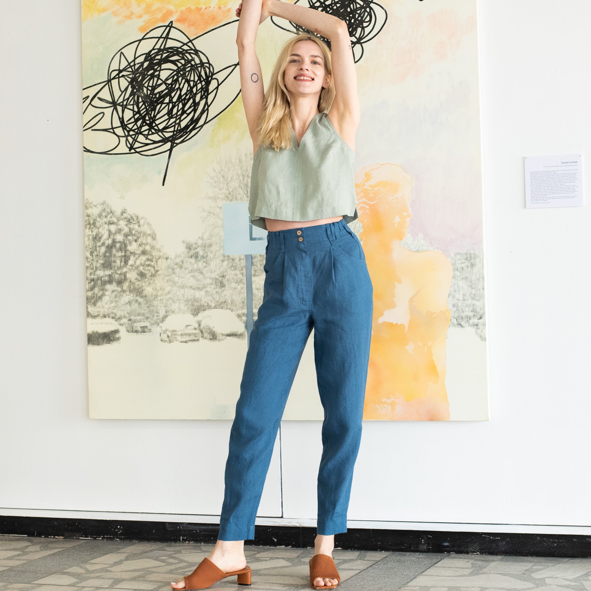 R: DAMME high-waisted pleated front linen pants (Size: XS; Color: Charcoal Blue) - notperfectlinen