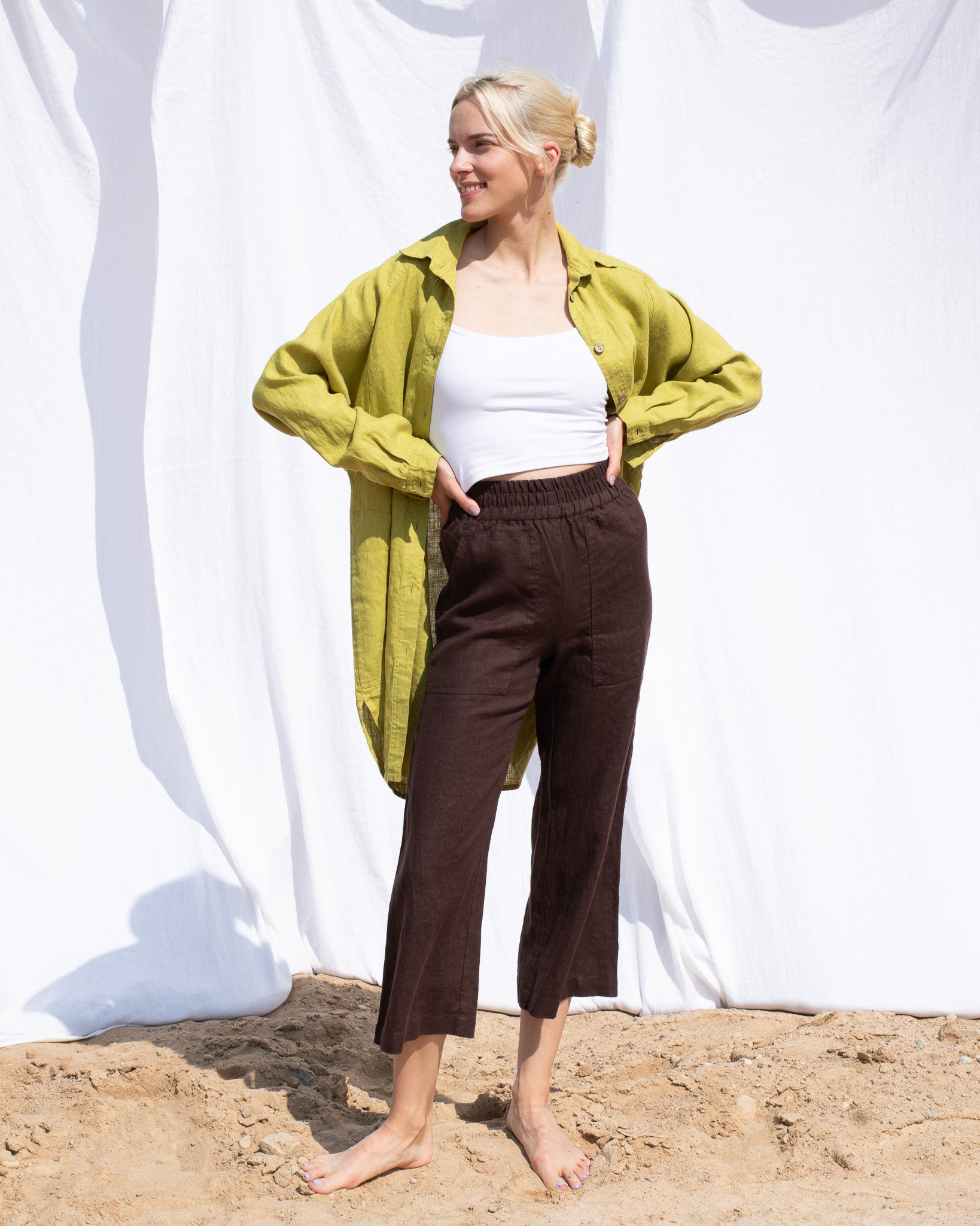 Linen Cropped Pants – Wide Leg, Barrel Cut Linen Trousers in Sand Beige, Chic Summer Pants for Office or Casual Wear – Fine Thee