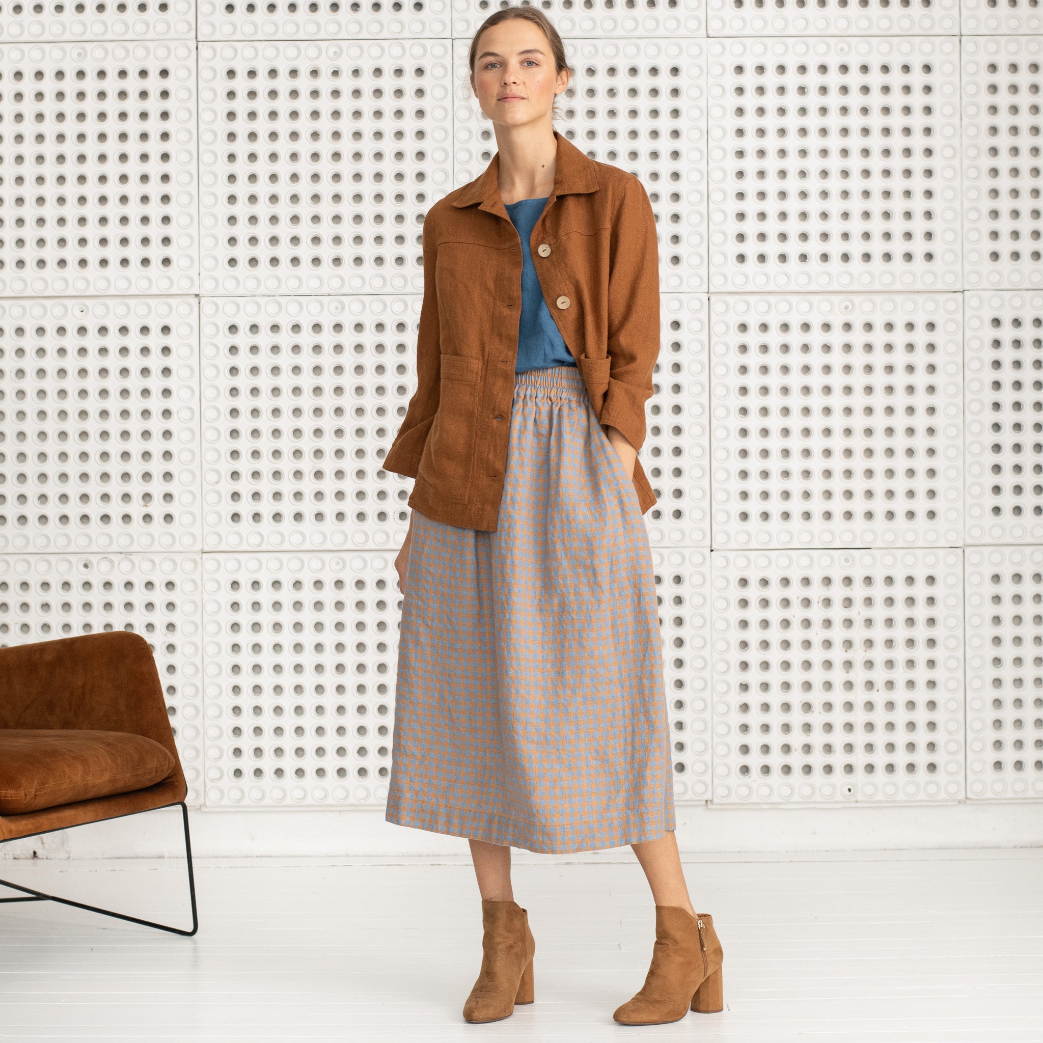 SION gathered linen skirt (Gingham Collection) - notPERFECTLINEN