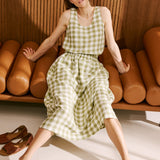 R: SION gathered linen skirt (Size: M; Color: Natural/White gingham)