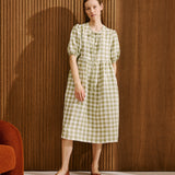 R: ROSEMARY bow tie linen dress (Size: S; Color: Light Red Checks)