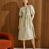 R: ROSEMARY bow tie linen dress (Size: S; Color: Light Red Checks)