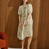 R: ROSEMARY bow tie linen dress (Size: S; Color: Light Red Checks)