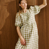 R: ROSEMARY bow tie linen dress (Size: S; Color: Light Red Checks)
