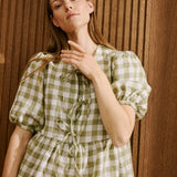 R: ROSEMARY bow tie linen dress (Size: S; Color: Light Red Checks)
