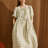 R: ROSEMARY bow tie linen dress (Size: S; Color: Light Red Checks)