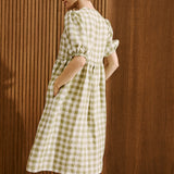 R: ROSEMARY bow tie linen dress (Size: S; Color: Light Red Checks)