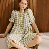 R: ROSEMARY bow tie linen dress (Size: S; Color: Light Red Checks)