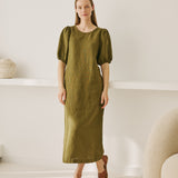 CIVITA puff sleeve long linen dress