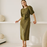 CIVITA puff sleeve long linen dress
