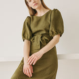 CIVITA puff sleeve long linen dress