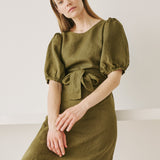 CIVITA puff sleeve long linen dress