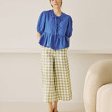 R: MELINA bow tie linen blouse (Size: S; Color: Light Red Checks)