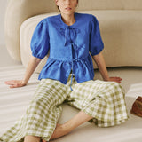 R: MELINA bow tie linen blouse (Size: S; Color: Light Red Checks)