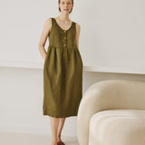 R: VALLEY front brass snaps linen dress (Size: S/M; Color: Olive)