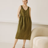 R: VALLEY front brass snaps linen dress (Size: S/M; Color: Olive)