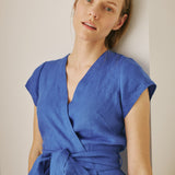 R: CANNES-2 wrap linen dress (Size: XXL; Color: Azure Blooms)