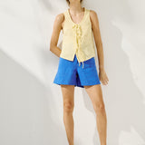R: MIJAS bow tie linen blouse (Size: S; Color: Light Cobalt Checks)