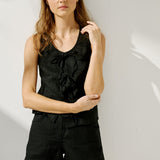 R: MIJAS bow tie linen blouse (Size: S; Color: Light Deepest Black)