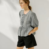 R: MELINA bow tie linen blouse (Size: M/L; Color: Cream)