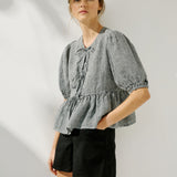 R: MELINA bow tie linen blouse (Size: M/L; Color: Cream)