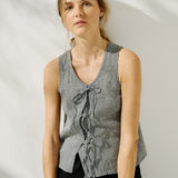 R: MIJAS bow tie linen blouse (Size: S; Color: Light Red Checks)