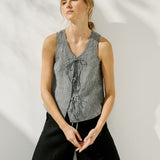 R: MIJAS bow tie linen blouse (Size: S; Color: Light Red Checks)