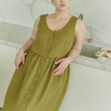 R: MAYA button down linen dress (Color: Chambray Bloom; Size: M - MAXI (44.1 in | 112 cm))