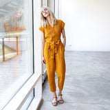 R: MARGARET wrap linen jumpsuit (Size: XS; Color: Natural/Grey Stripes)