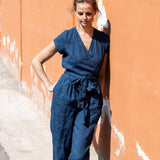 R: MARGARET wrap linen jumpsuit (Size: XS; Color: Natural/Grey Stripes)